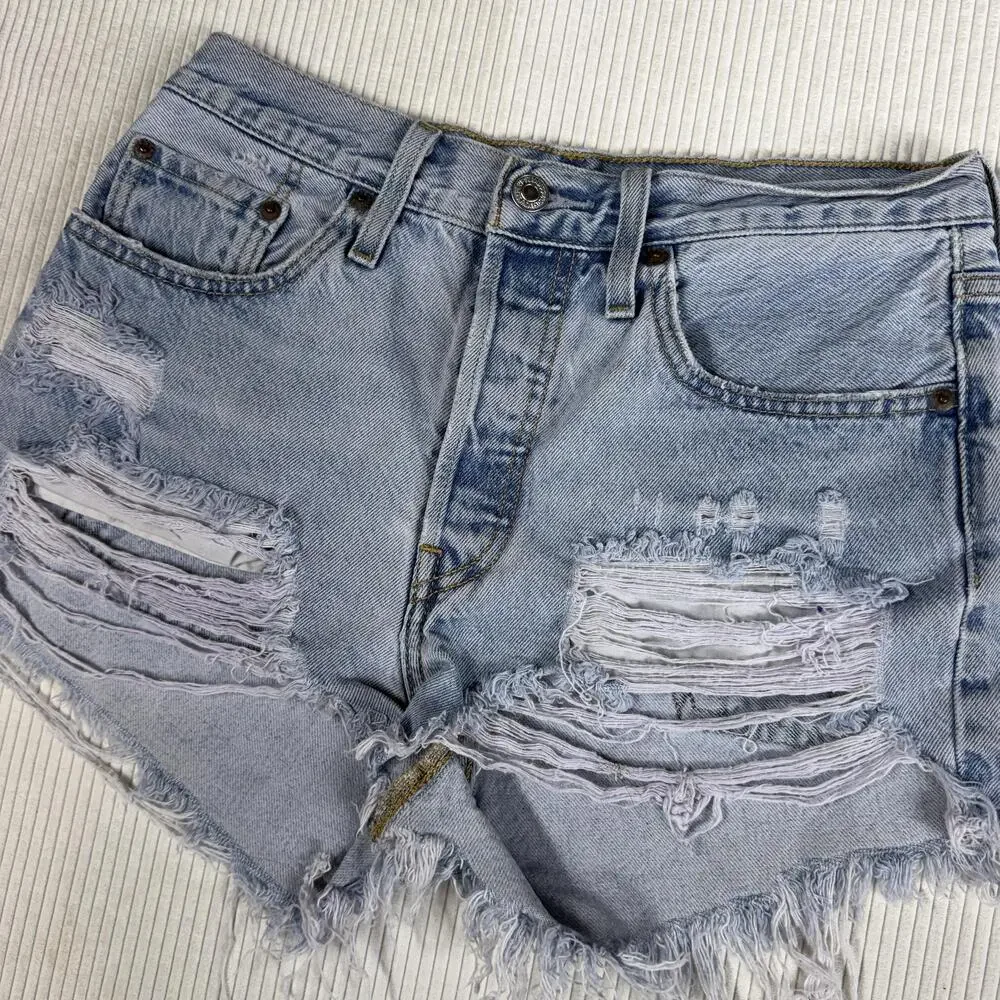 Levi's 501 Shorts Womens W27 Blue Denim Distressed Cutoff Button Fly Raw Hem